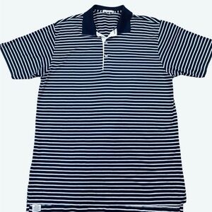 PETER MILLAR POLO SHIRT MENS WHITE BLUE STRIPED SUMMER COMFORT SHORT SLEEVE SZ L
